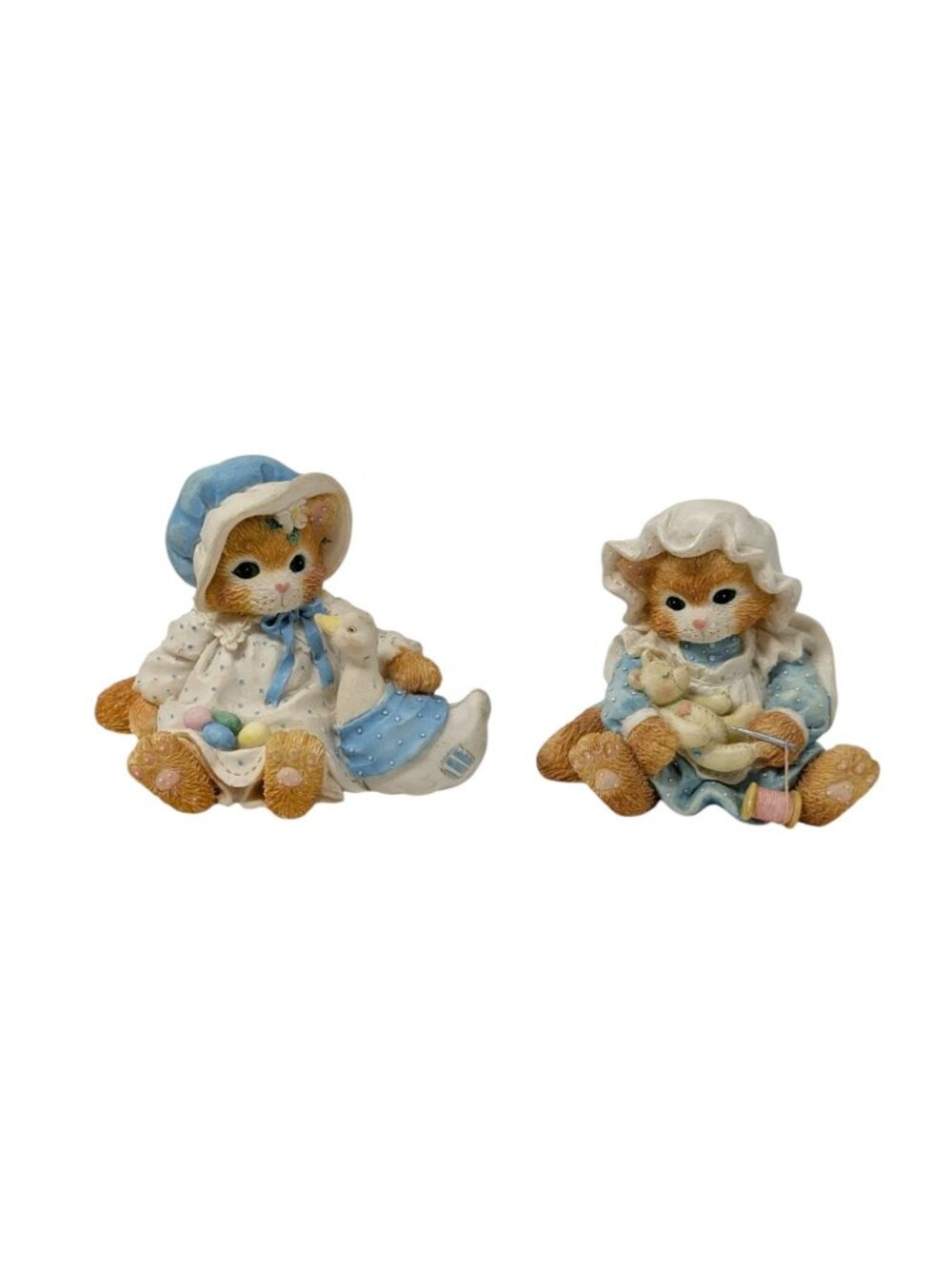 Vintage Calico Kittens Pair of Kittens with a Duck and a Teddy Bear Figurine Set